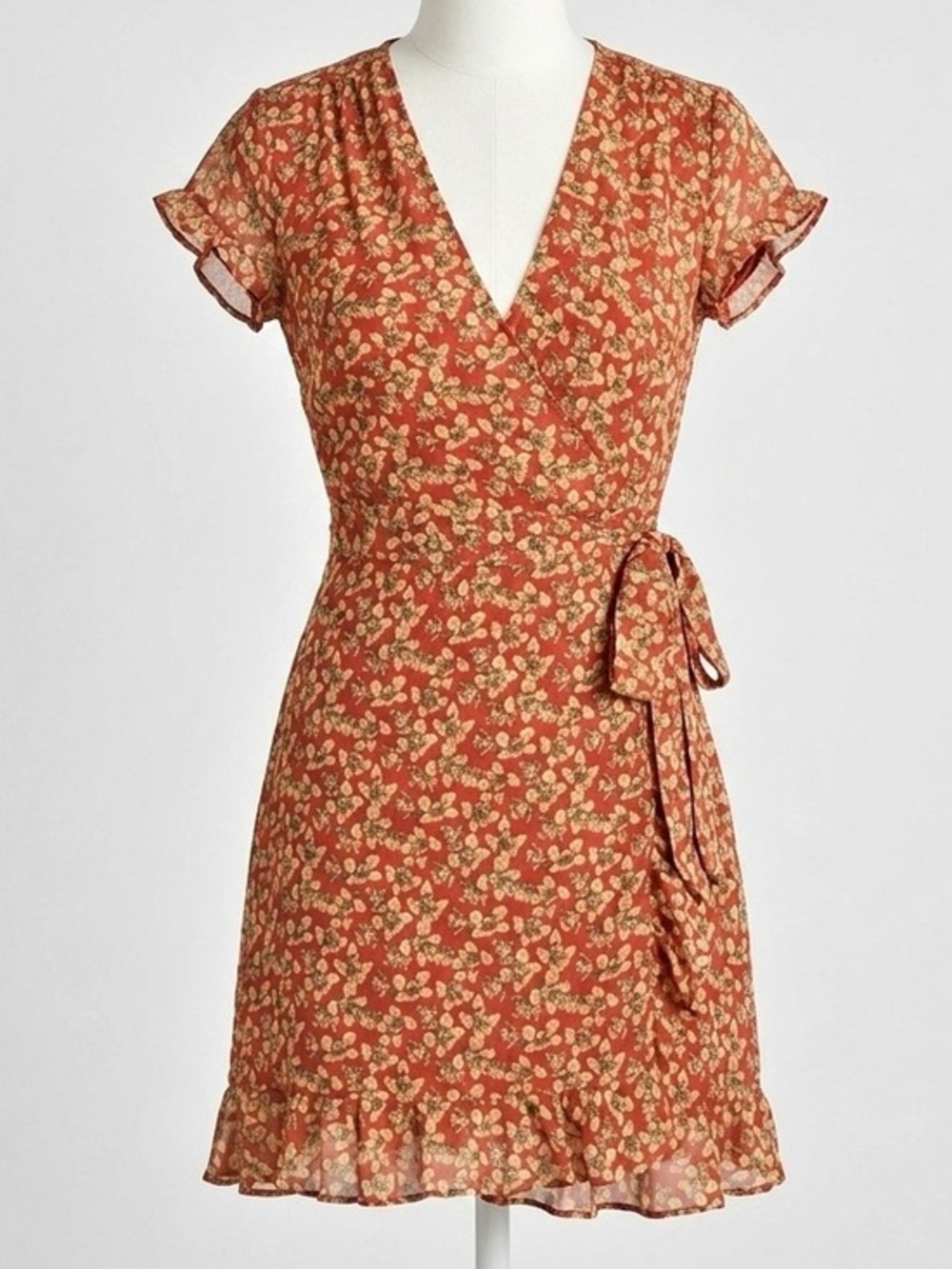 Rebecca Minkoff Ana Floral Wrap Dress Size XS Ruffle Hem Flutter Sleeve Chiffon
